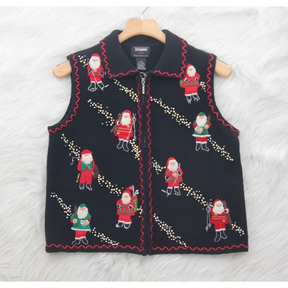 Vintage Ugly Christmas Sweater Vest Santa Zip Black PS Designers Originals #833